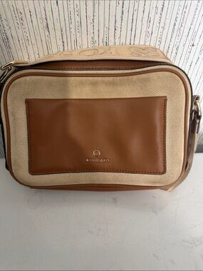 Michael Kors Cream Canvas and Tan Leather Messenger Bag